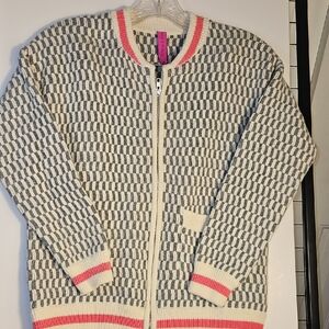Zaket & Plover XS Zip Front Wool Blend Sweater Gray Cream Checkered